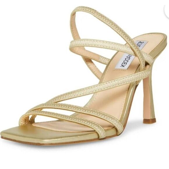 Steve Madden Newsflash Gold Leather Thin Strap Stiletto Open Toe Dress Sandals S - Picture 1 of 8